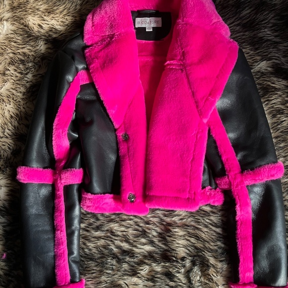 DNA couture Short Black & Pink Faux Fur Leather Jacket Stand Studio Style L - Picture 3 of 5